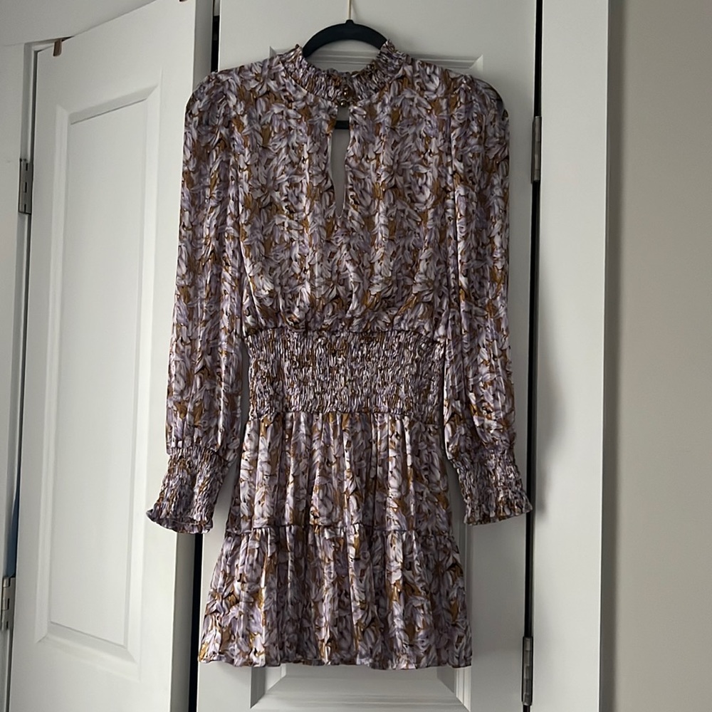 Franco purple and gold metallic long sleeve mini dress vestique